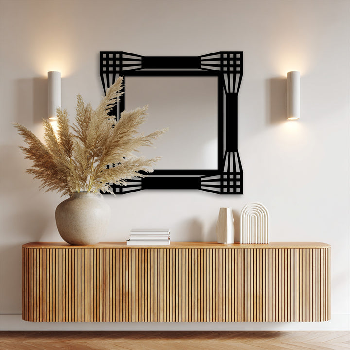 Gentle light on the architectural grid square floor mirror highlights the mirror's geometric frame as striking home decor.