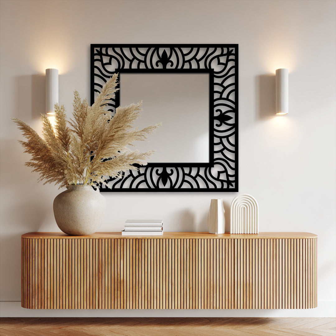 Subtle feathery pampas grass brings a soft touch to the bathroom mirror, reflecting an ornate wave pattern and metal frame of decoration wall art.