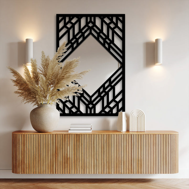 Foreground vase of dried pampas grass complements the art deco geometric diamond floor mirror, illustrating how decorating with wall mirrors enhances room decor.