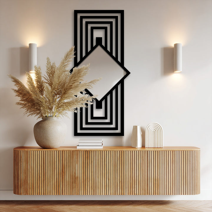 Geometric art deco lines frame a vertical diamond floor mirror, offering inspiration for decorating with wall mirrors and creating a stylish focal point.
