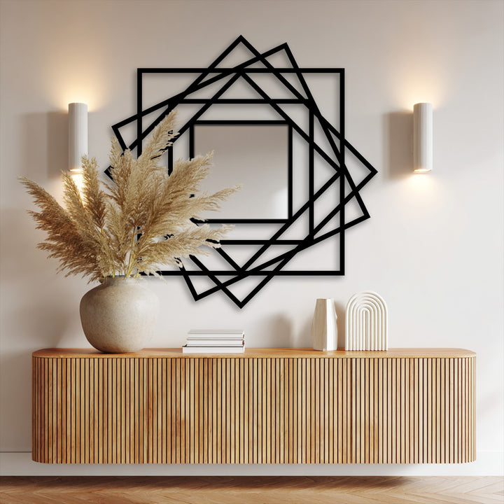 Warm color temperature enhances a layered geometric frame square mirror for wall decor with abstract black lines, creating a modern look.