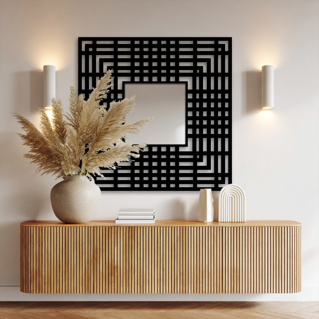Geometric Grid Pattern Frame Square Floor Mirror with Modern Linear Design