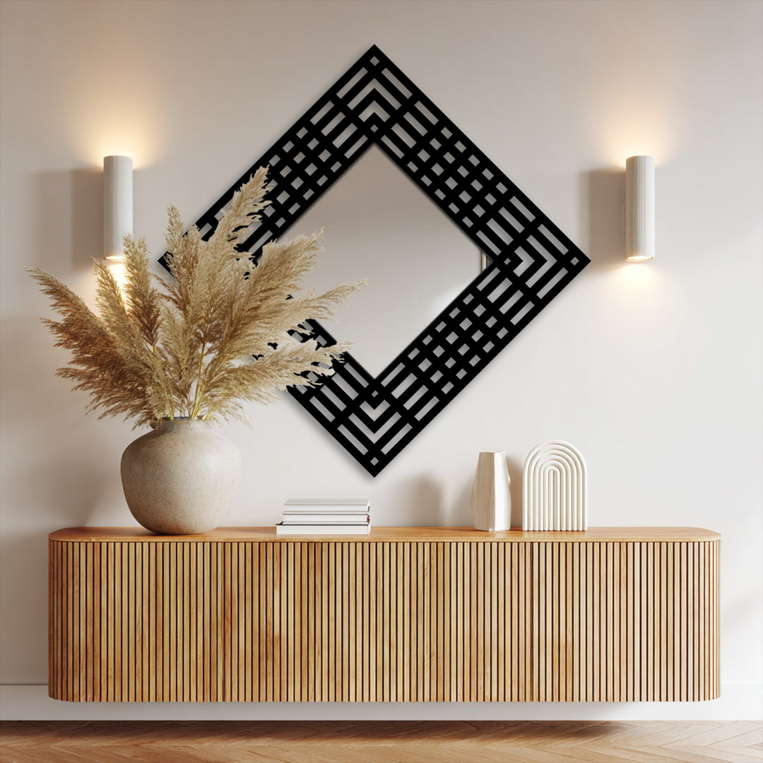 Against the muted background, a modern bathroom mirror features a layered grid diamond frame, infusing geometric patterns and a contemporary flair with its unique metal wall decor.