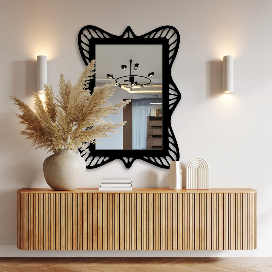 Ornate Wave Frame Metal Wall Art Mirror – Sculpted Black Rectangular Design