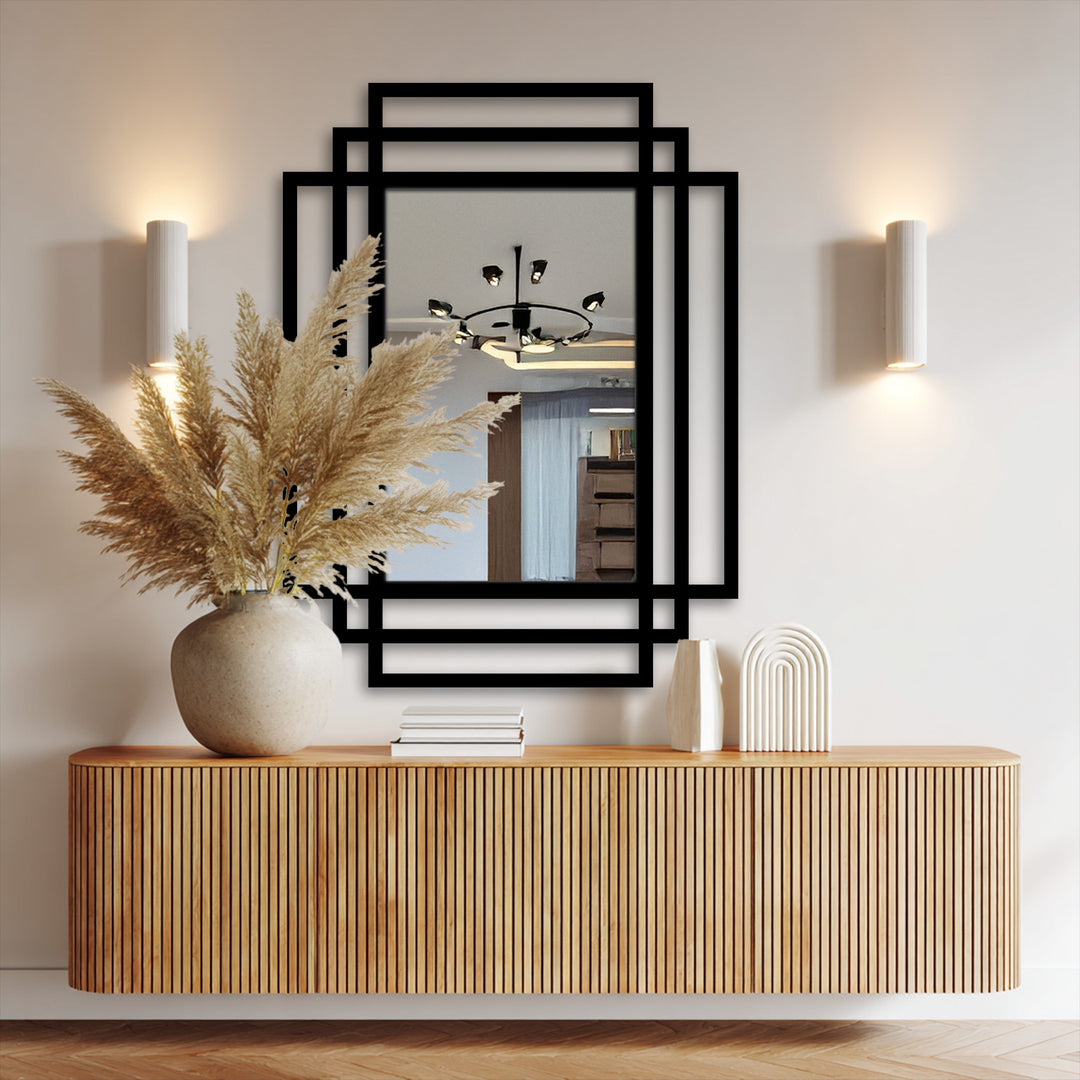 Cadres rectangulaires superposés Décoration Murale Métal Miroir–Design architectural noir moderne