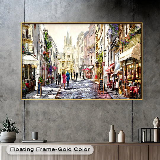 A beautiful cityscape painting of a romantic European town, where people stroll past cozy outdoor cafés and vibrant flower-adorned buildings
