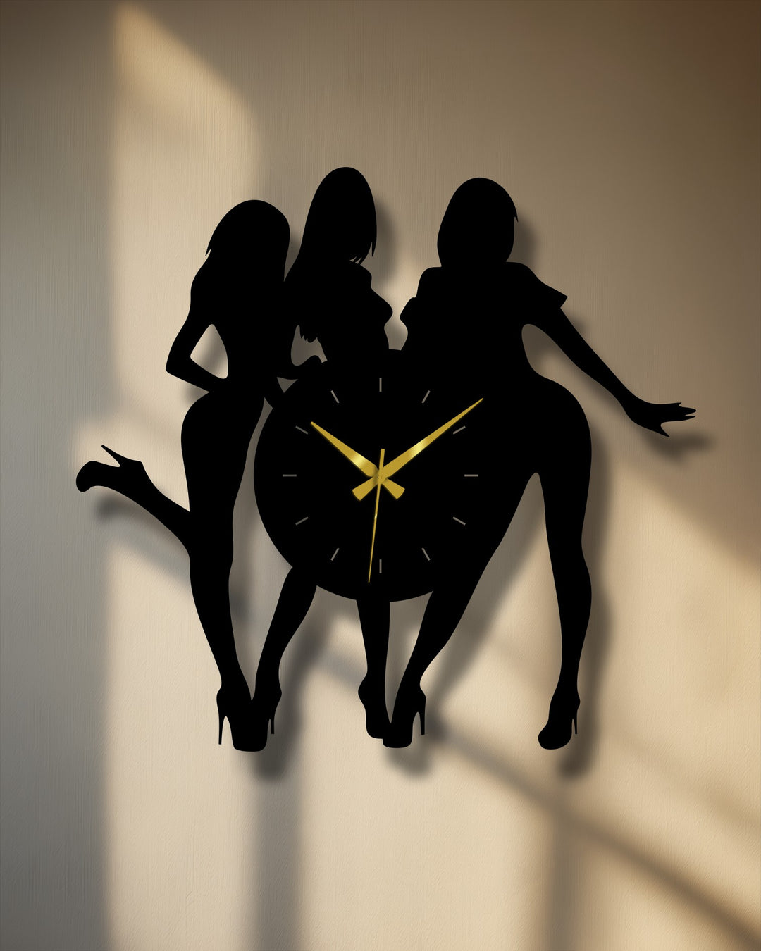 Geometric silhouette figures shape the modern metal wall decor clock, where the clock's circular face contrasts sharply with the sharp angles of the stylized female forms.