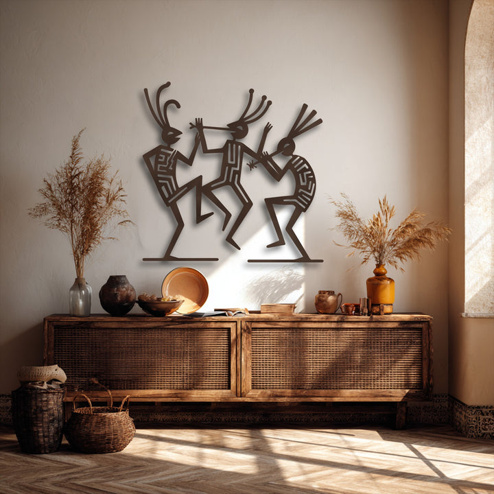 A subtly textured, warm-toned wall provides a serene backdrop, artfully highlighted by natural light and casting soft shadows around the decorative metal art.