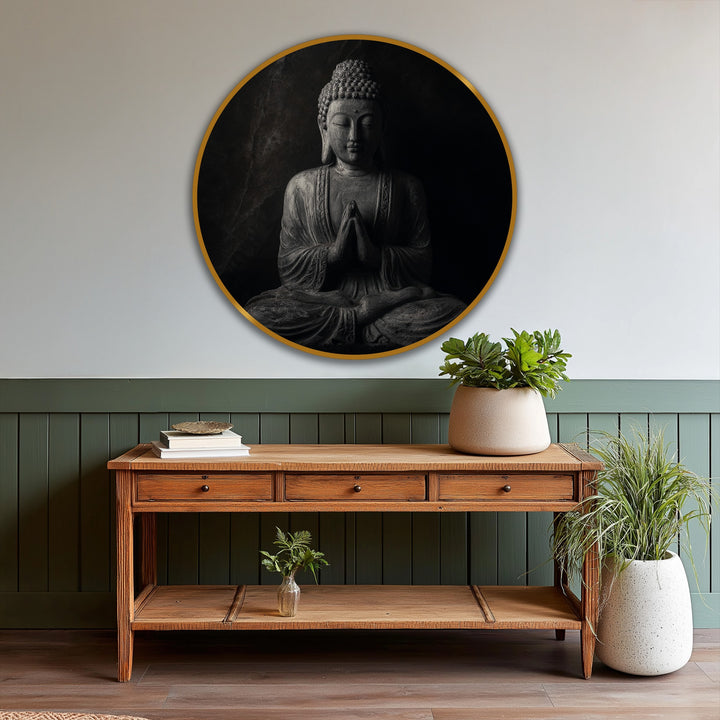 Dramatic color contrast highlights the subject in this oil painting reproduction print of a meditative Buddha statue set against a dark, minimalist backdrop.