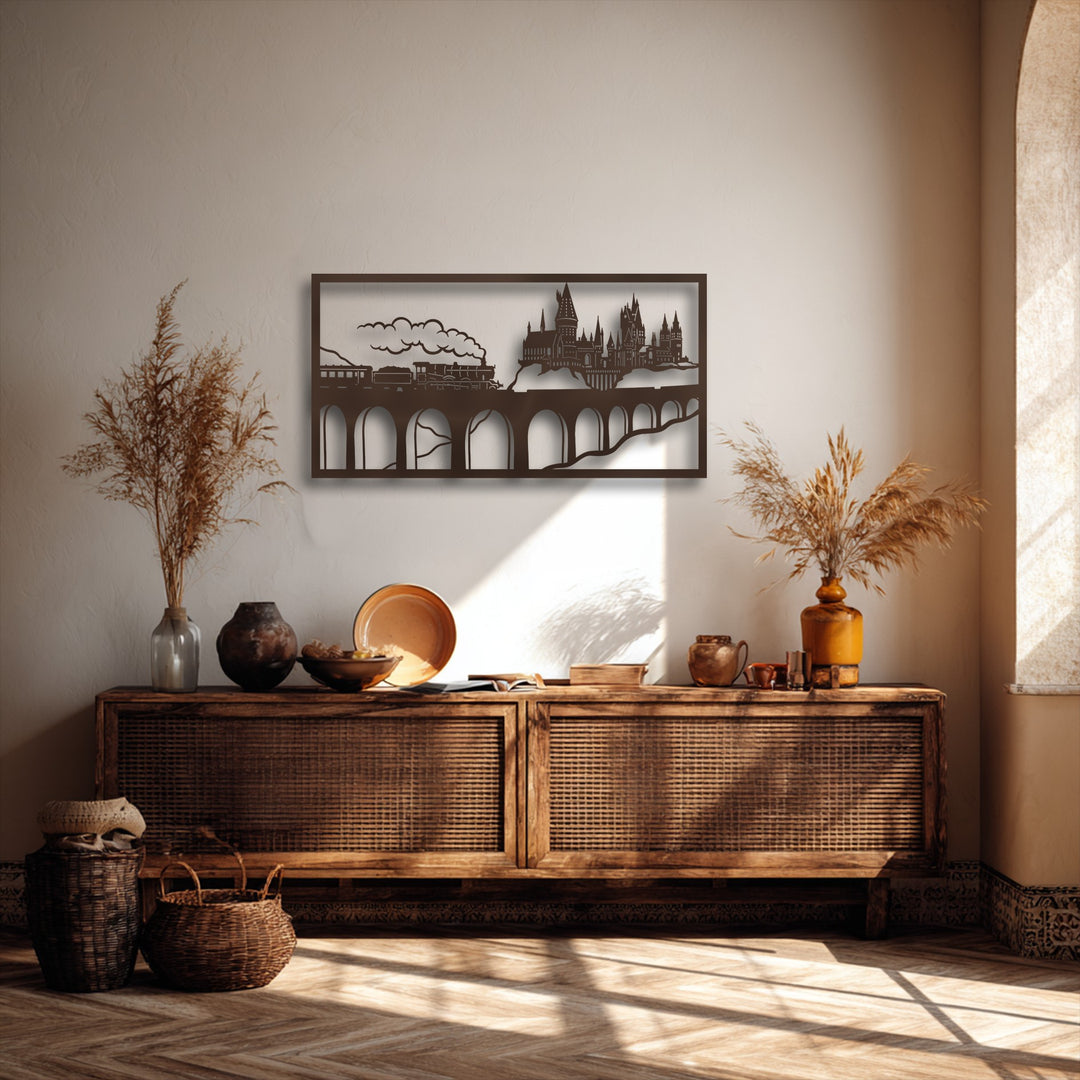 Motion is captured as a fantasy train, emitting smoke, traverses a viaduct towards a majestic castle in this unique metal wall art.