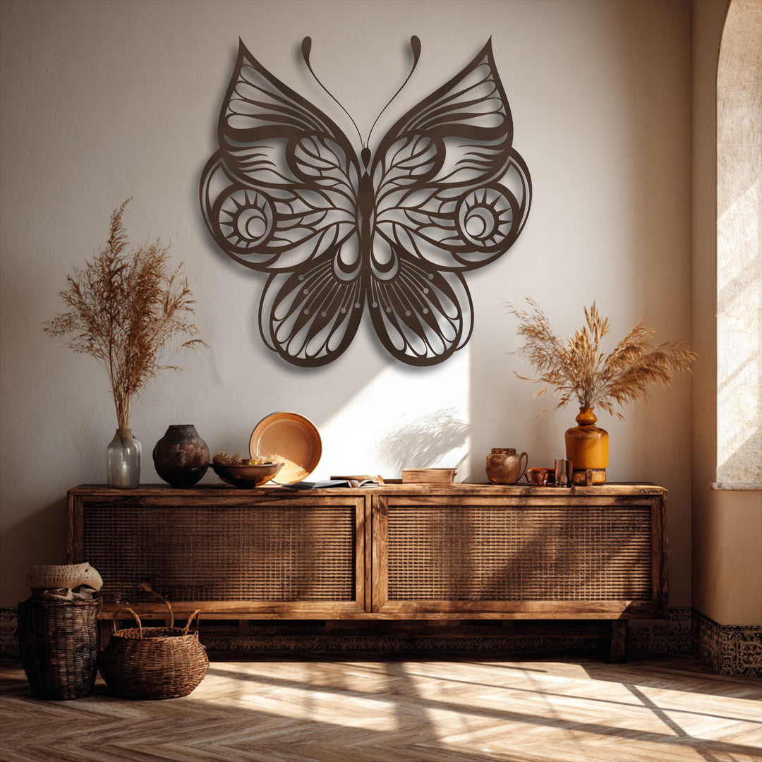 The muted color saturation highlights the ornate butterfly metal art for wall, a dark brown decorative piece against warm earthy tones.