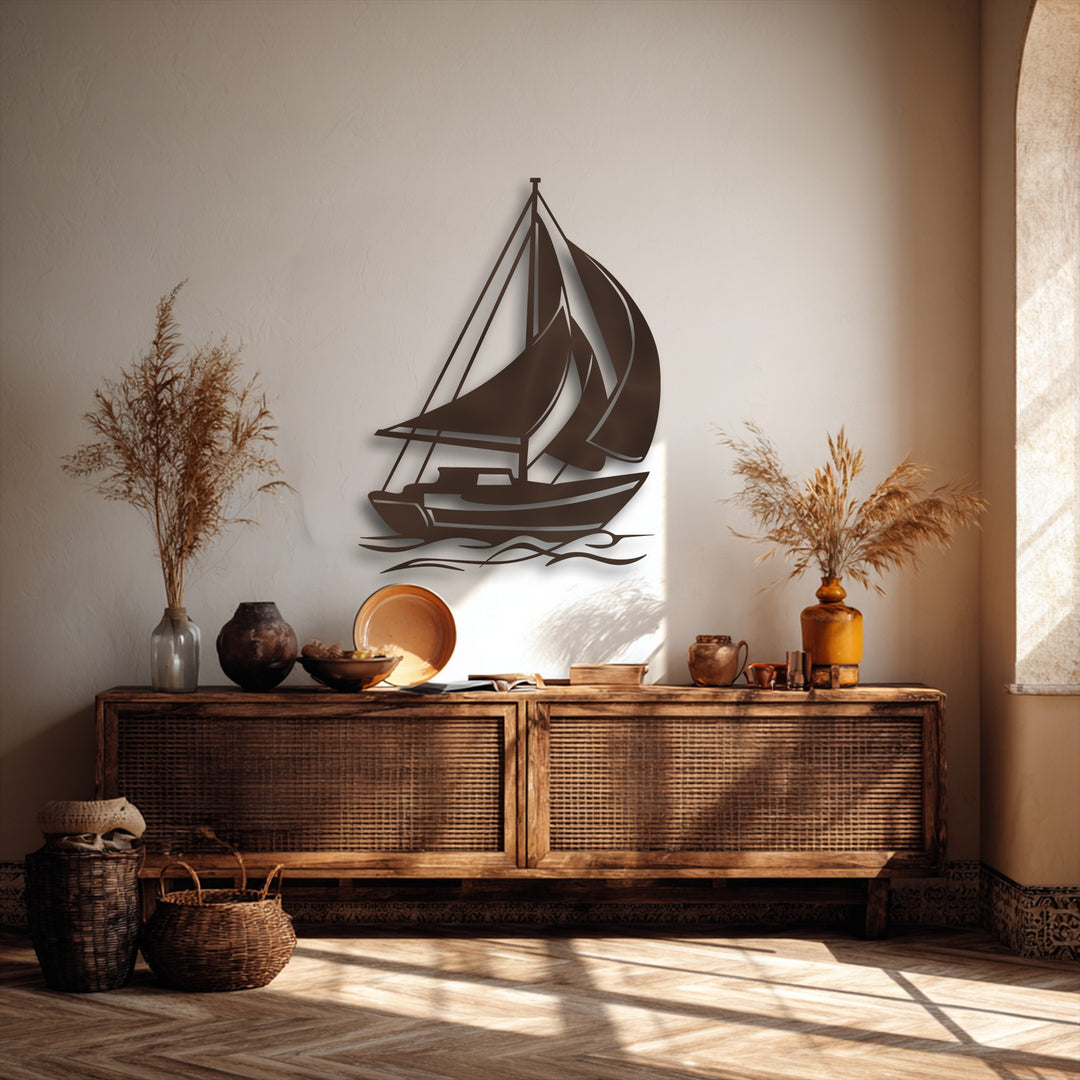 The exceptional material quality of this sophisticated sailing boat metal art for wall is evident in its finely cut, durable design.