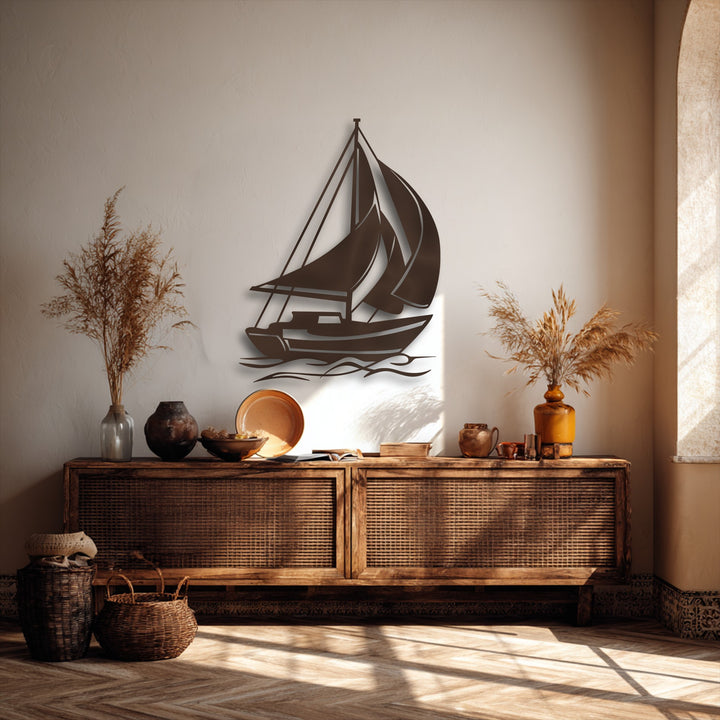 The exceptional material quality of this sophisticated sailing boat metal art for wall is evident in its finely cut, durable design.