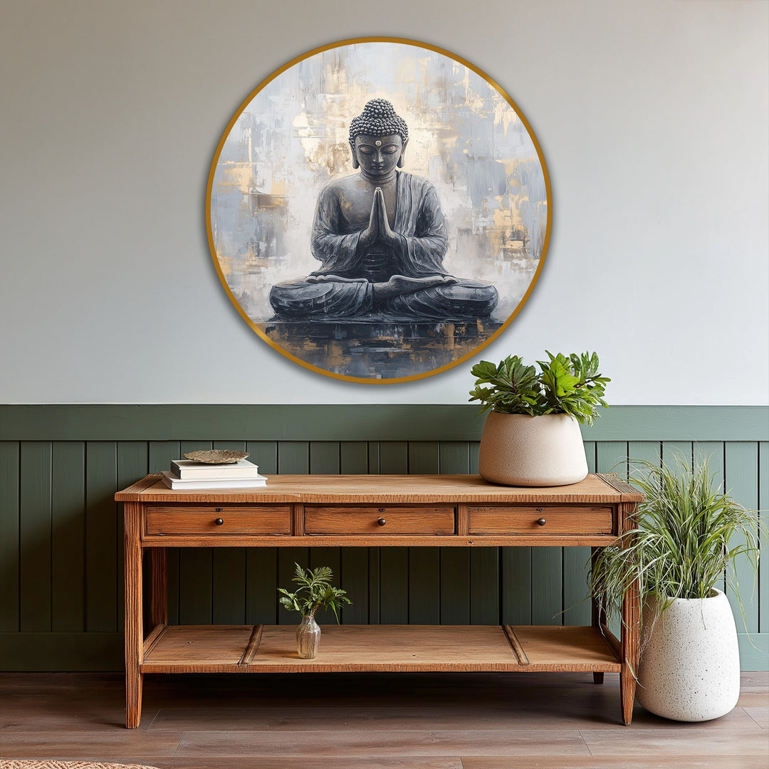 Subtle gradations of light and shadow define the meditating Buddha in this round, modern oil painting art, lending depth and serenity to its composition.