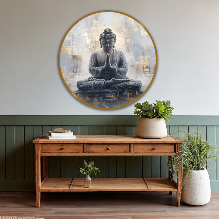 Subtle gradations of light and shadow define the meditating Buddha in this round, modern oil painting art, lending depth and serenity to its composition.