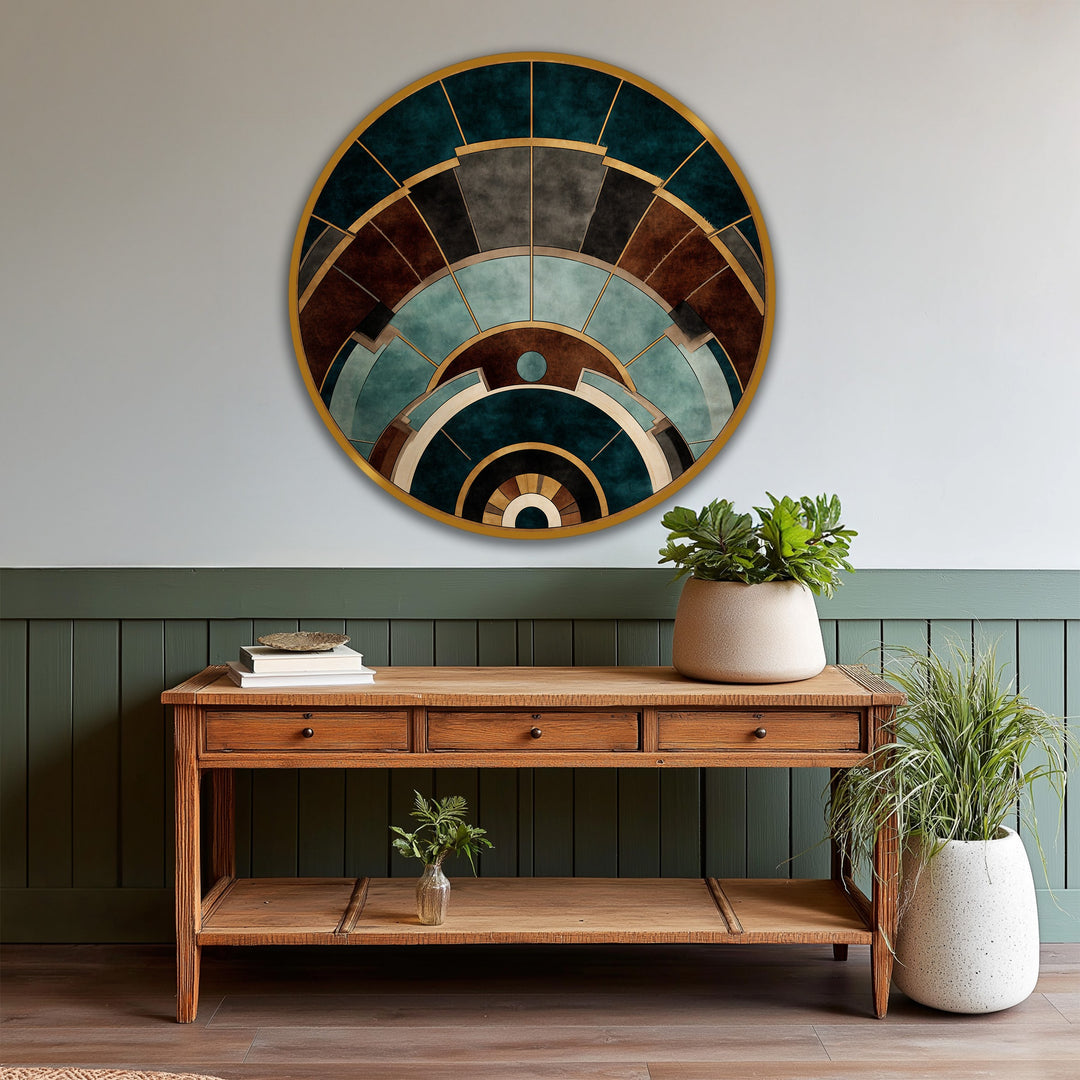 Featuring a mix of cool and warm tones, this round architectural wooden oil painting home decor evokes a balanced color temperature.
