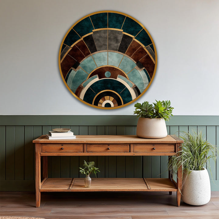 Featuring a mix of cool and warm tones, this round architectural wooden oil painting home decor evokes a balanced color temperature.