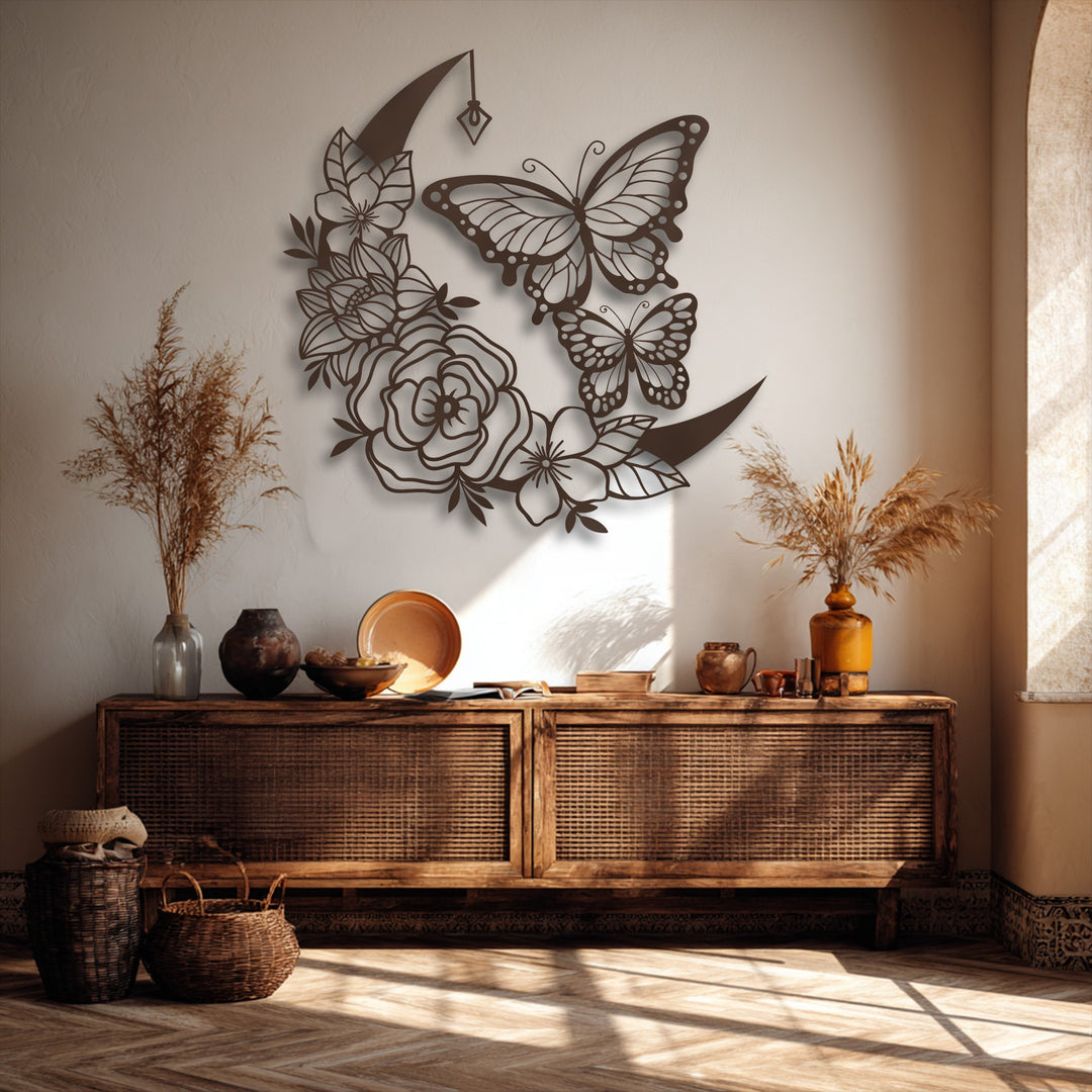 The central subject features an elegantly crafted moon, butterflies, and intricate floral patterns, showcasing captivating metal art for wall.