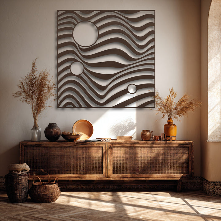 The striking transition between the rich brown metal artwork and the lighter wall creates a fascinating interplay of light and shadow on the abstract waves.