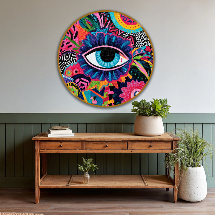 Stillness emphasizes the vivid mystic eye and surrounding colorful patterns of this abstract round oil painting, perfect for serene oil painting home decor.