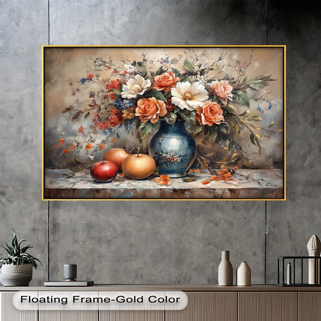 Vintage still life painting with roses, white blooms, and apples.
