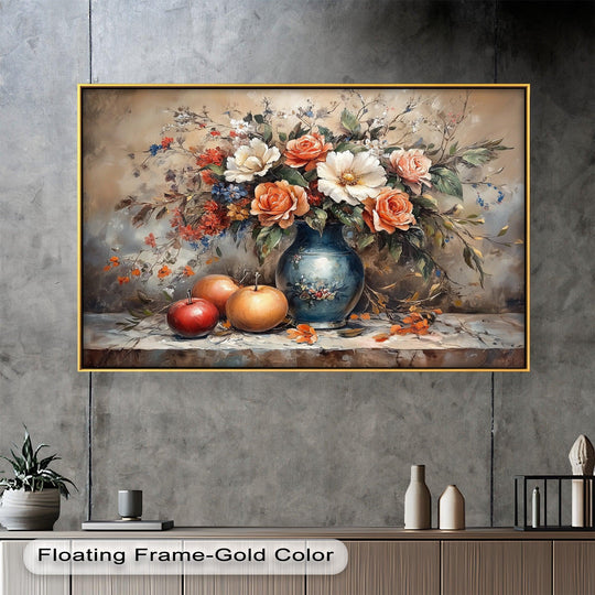 The stillness of this vintage floral harmony is captured in this detailed still life oil painting artwork, featuring a vase of roses and ripe apples.