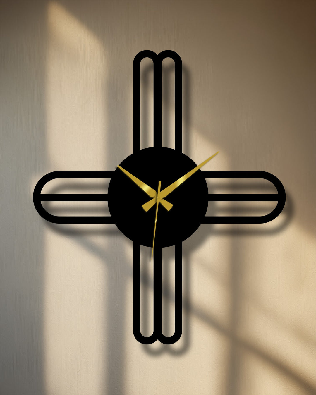 The layered shadows enhance the depth of this modern cross line minimalist metal wall decor clock, creating a striking visual effect.