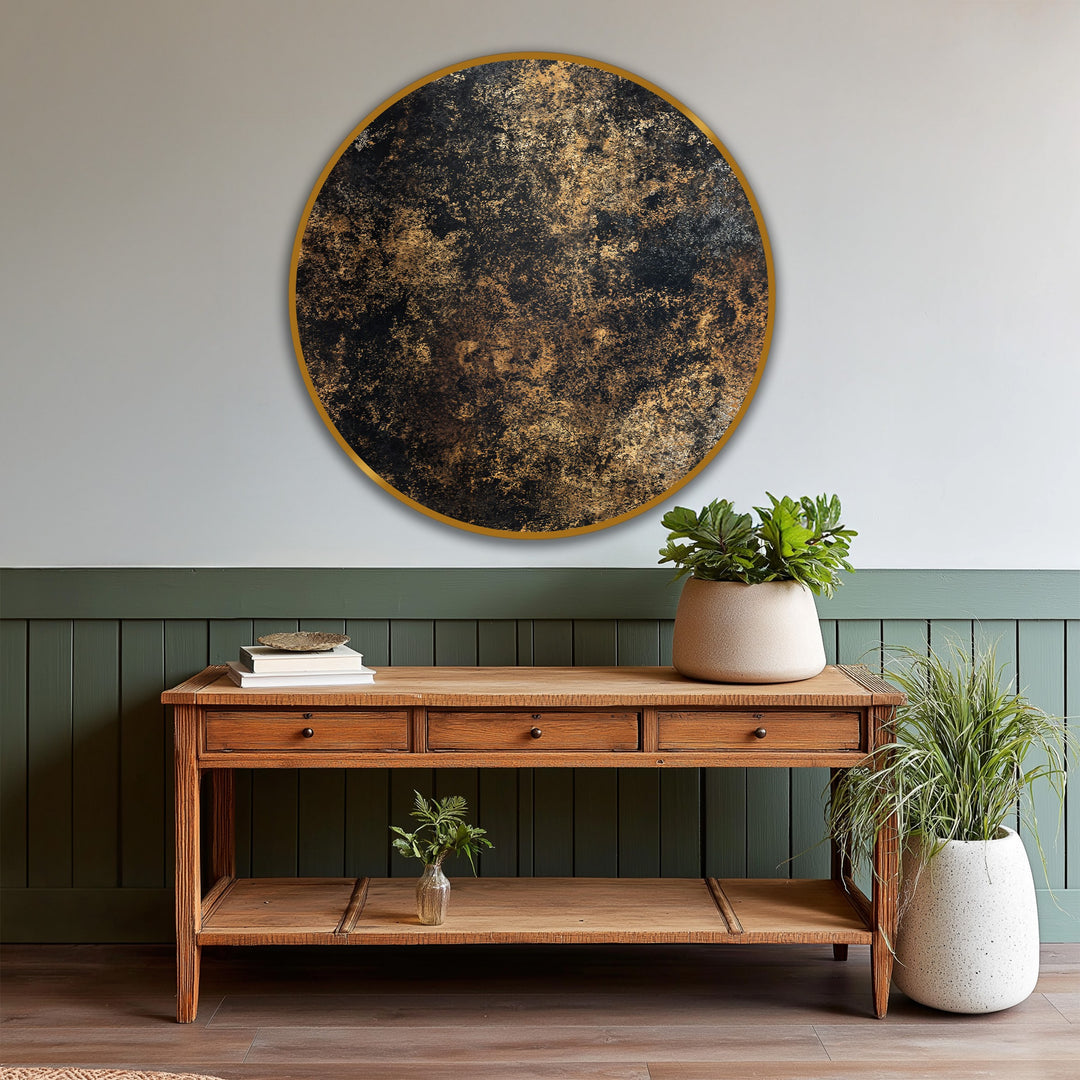 Evoking the abstract quality, this round wooden midnight gold texture shows how the oil painting wall art creates a sophisticated focal point.