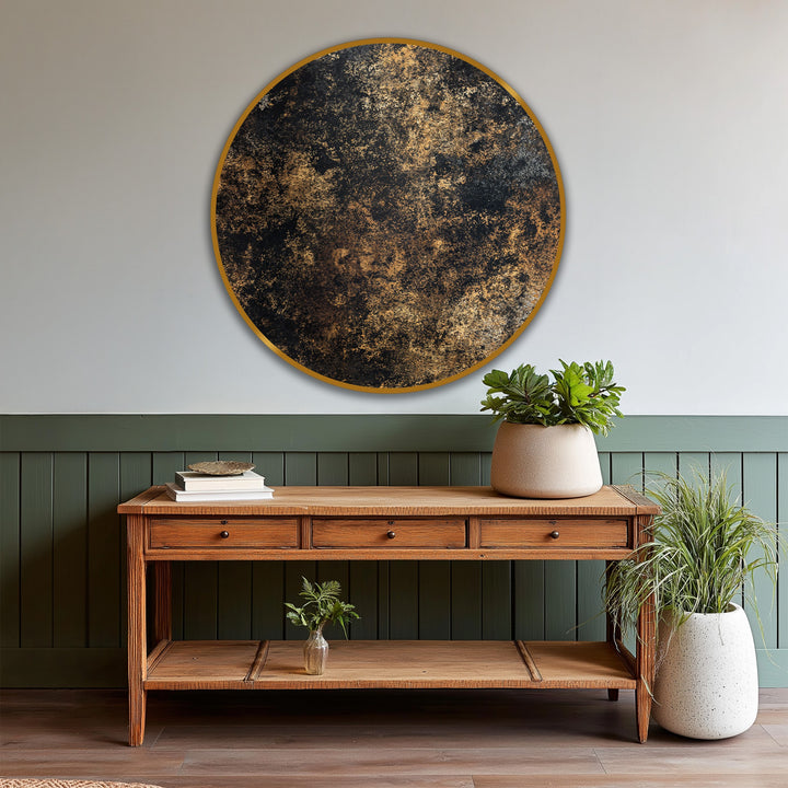 Evoking the abstract quality, this round wooden midnight gold texture shows how the oil painting wall art creates a sophisticated focal point.