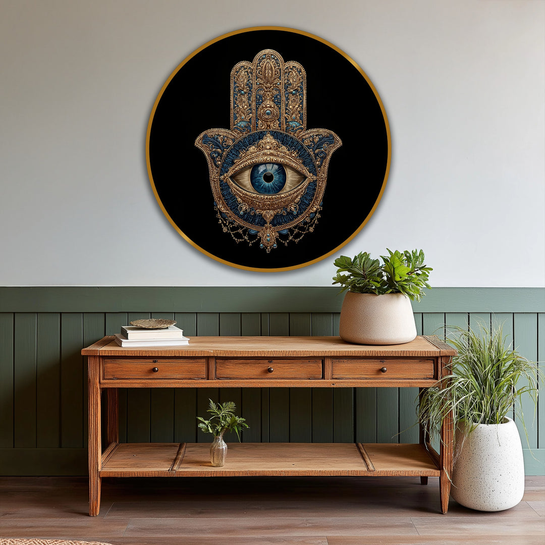 Warm color temperature radiates from this ornate hamsa eye symbol in our mystic oil painting wall art, contrasting the cool blue eye and the artwork's dark background.