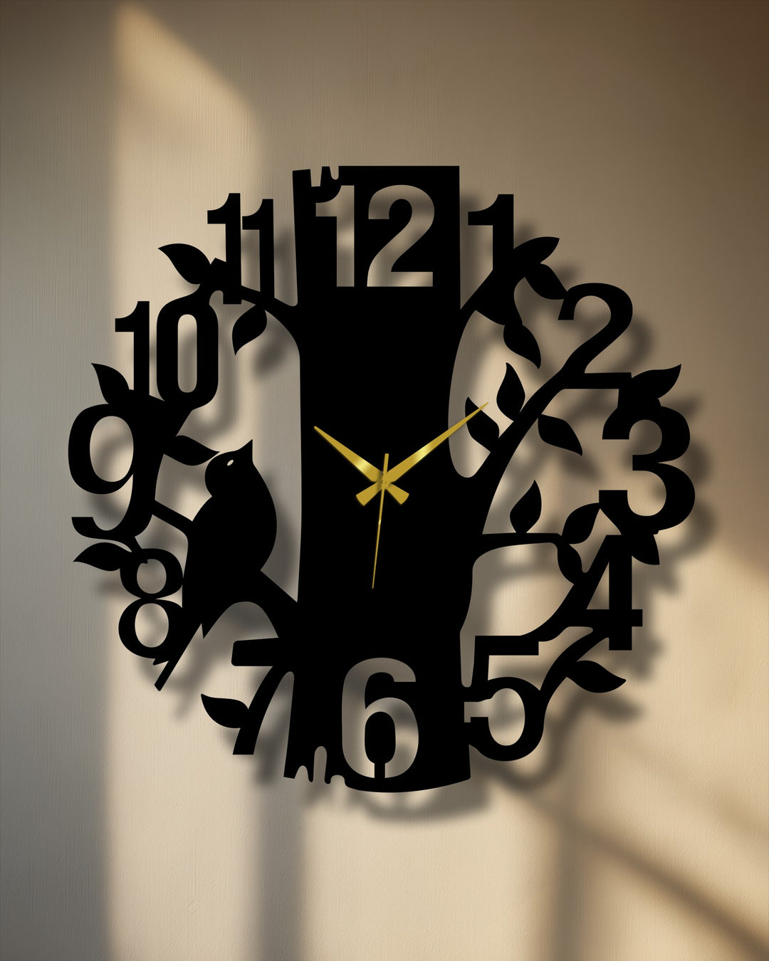 Displaying the abstract quality, this curious cat tree metal artwork clock presents an elegant nature-inspired design with stylized numbers and a whimsical bird silhouette.