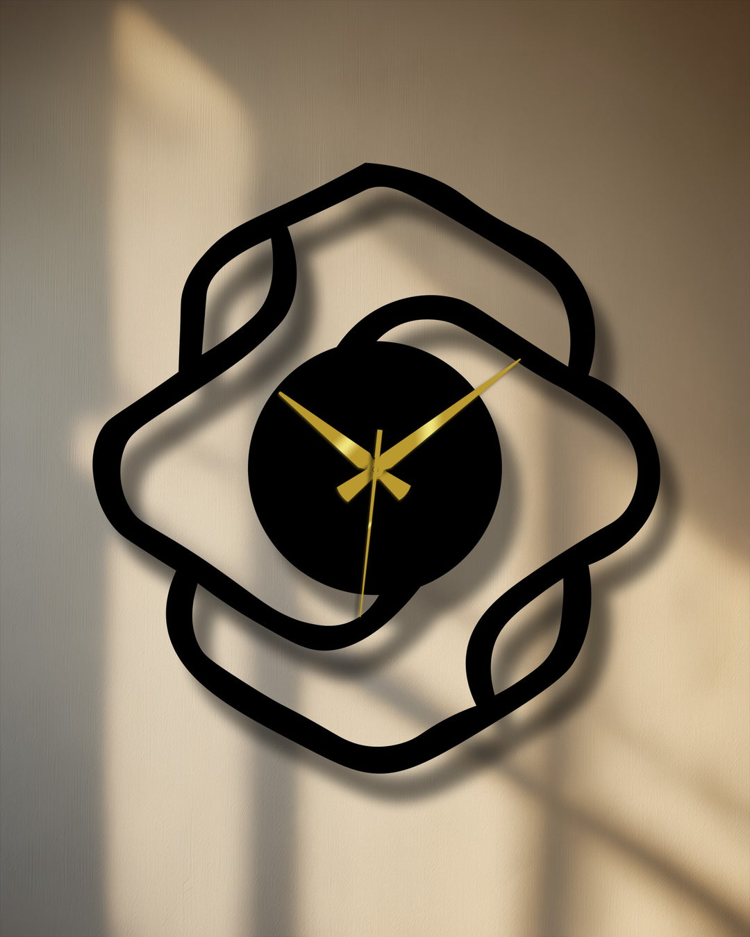 Highlighting the focal point, this abstract metal artwork features a modern wall clock with organic shapes, crafted from metal with gold hands for a minimalist design.
