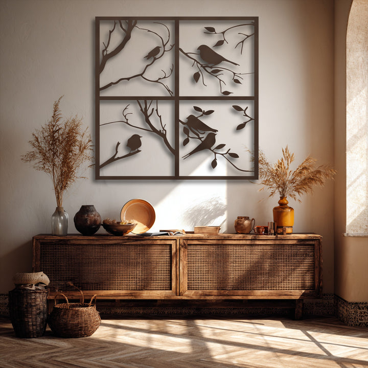 The elegant transition from the bright, sunlit wall to the deep bronze decorative metal art with bird silhouettes creates a rich palette.