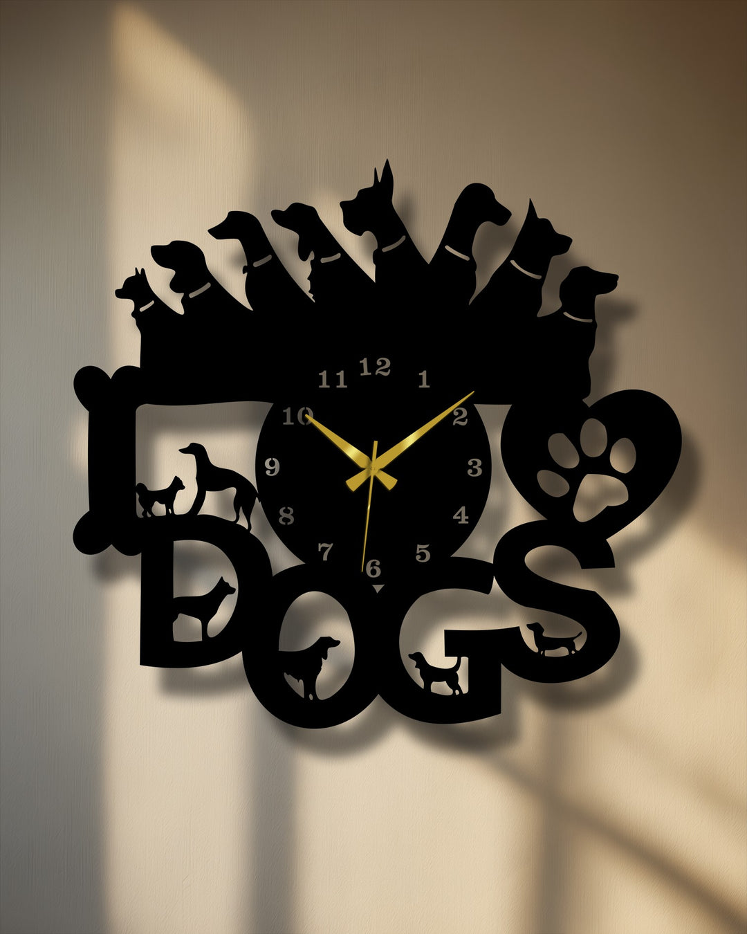 The crisp, dark finish of this laser-cut dog lovers metal wall decor highlights diverse dog silhouettes and their captivating wall shadows.