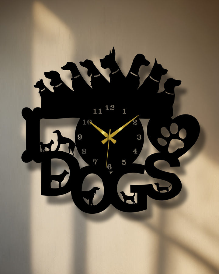 The crisp, dark finish of this laser-cut dog lovers metal wall decor highlights diverse dog silhouettes and their captivating wall shadows.
