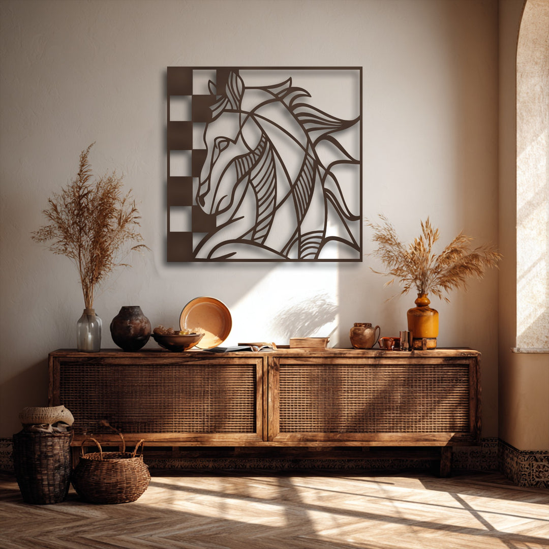 Earthy brown tones highlight a unique metal wall art featuring an abstract line art horse design with a checkered frame, creating warmth.