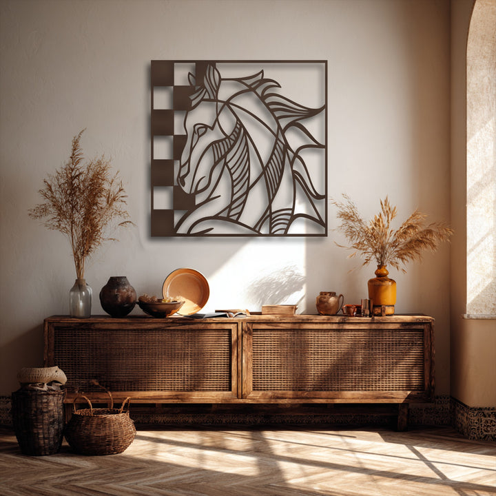 Earthy brown tones highlight a unique metal wall art featuring an abstract line art horse design with a checkered frame, creating warmth.
