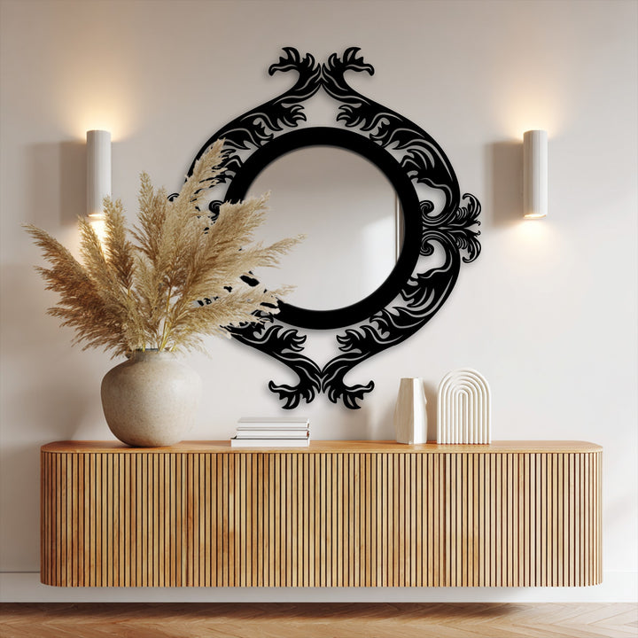 Subtle light and shadow accentuate the intricate details of the dual dragon design on this round, statement metal wall decor mirror.
