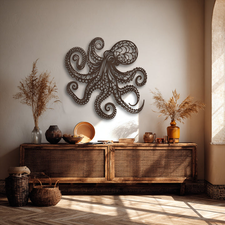 The abstract quality of the intricate octopus metal wall art is striking, making it a unique piece of decorative metal art.