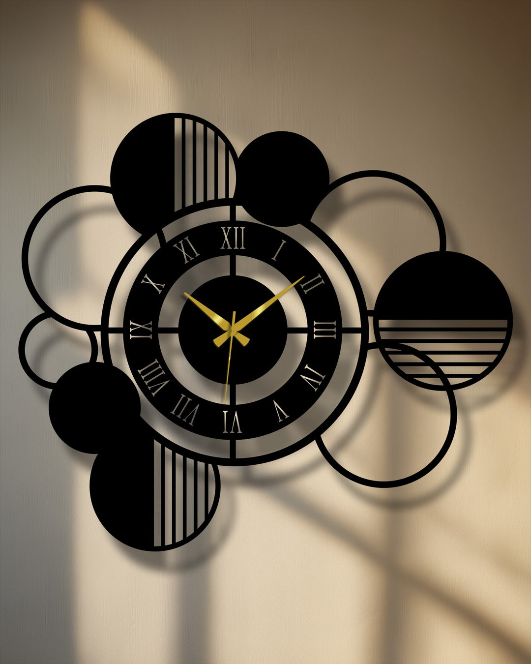 The stillness of the geometric Roman numeral clock is captured in this decorative metal art, its gold hands paused within a black circle of modern abstract design.