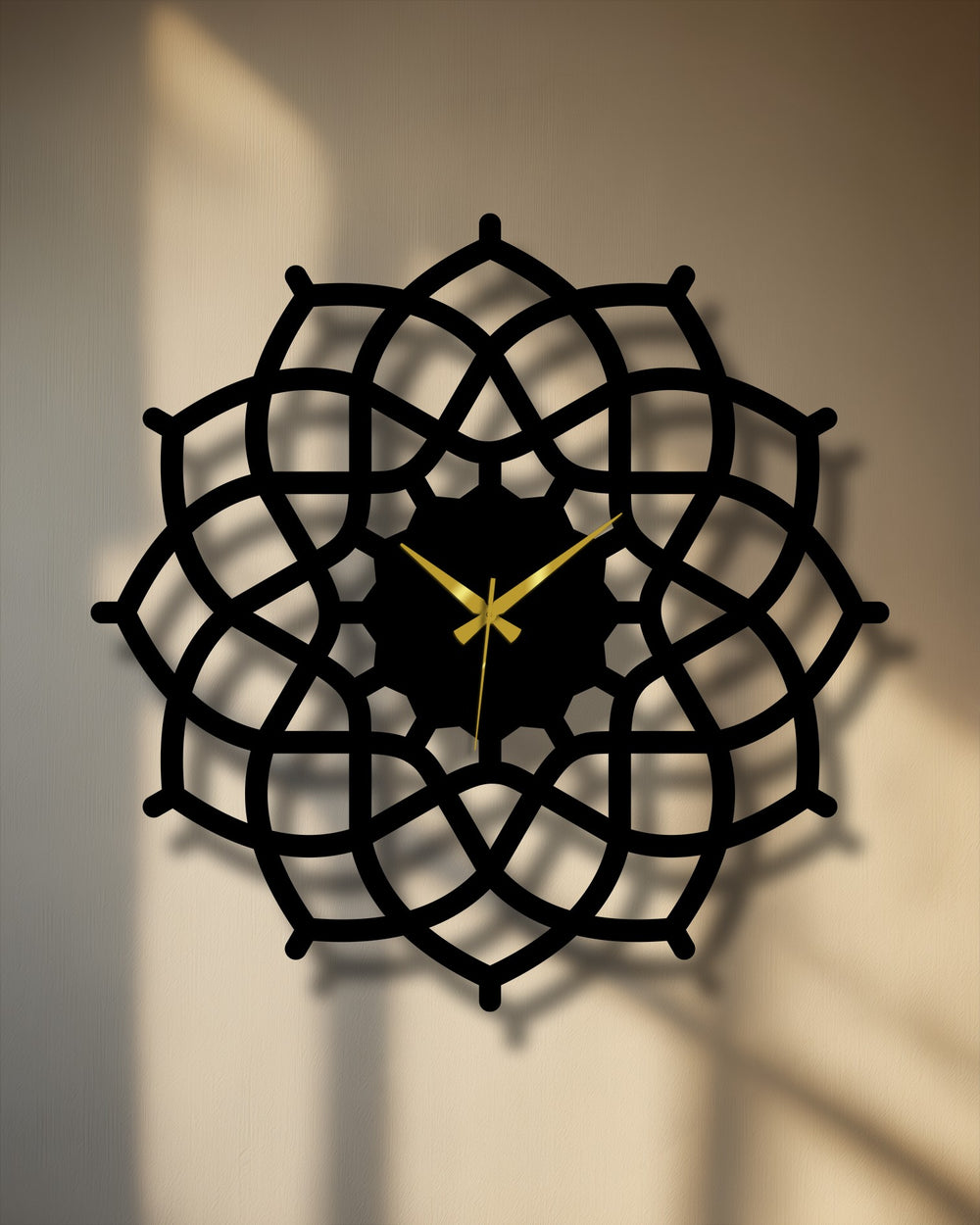 Subdued color saturation highlights the geometric mandala metal decoration wall art of this black clock featuring a symmetrical abstract design.