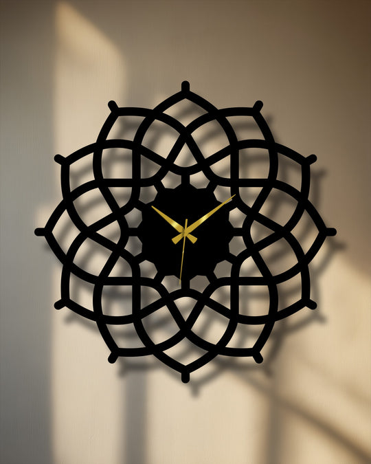 Subdued color saturation highlights the geometric mandala metal decoration wall art of this black clock featuring a symmetrical abstract design.