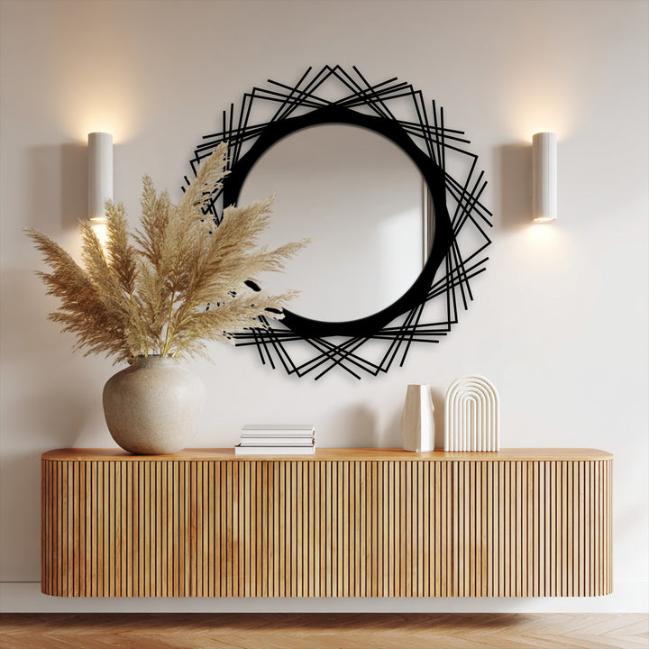 Circular mirror with crossed line frame