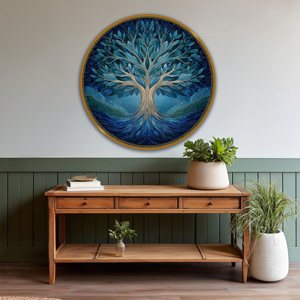 With cool color temperatures, the azure life tree round wooden oil painting wall art features an inviting scene perfect as oil painting wall art.