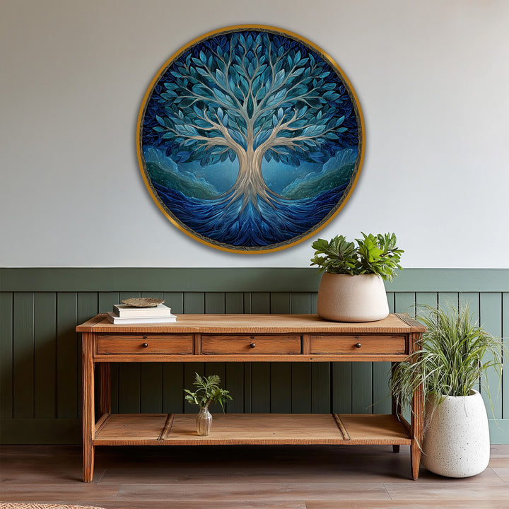 With cool color temperatures, the azure life tree round wooden oil painting wall art features an inviting scene perfect as oil painting wall art.