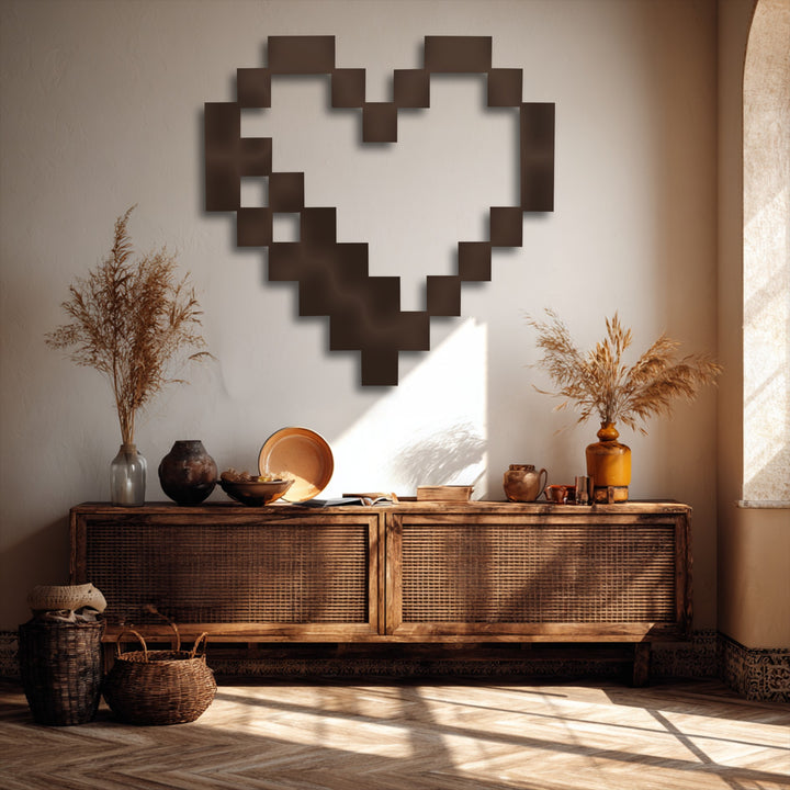 The realistic detail of the pixel heart metal artwork reveals its subtle sheen against the textured wall, complementing the rustic decor below.