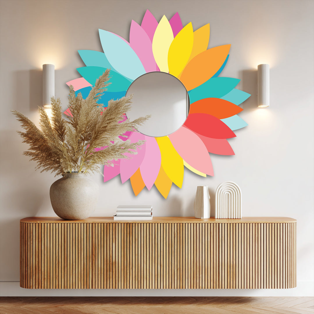Textured petals create a dimensional surface on this colorful floral design modern mirror, adding vibrant detail to the reflective wall art.