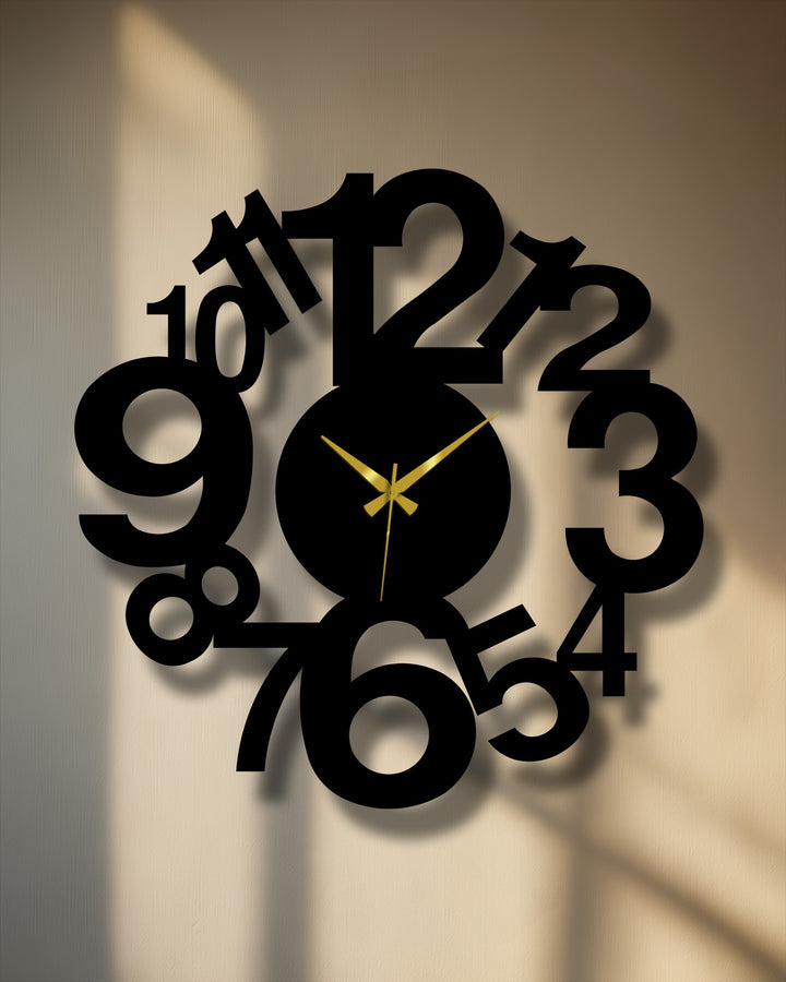 Smooth surface texture defines this decorative metal art clock, featuring an abstract number spiral design with elegantly crafted, dimensional numerals.