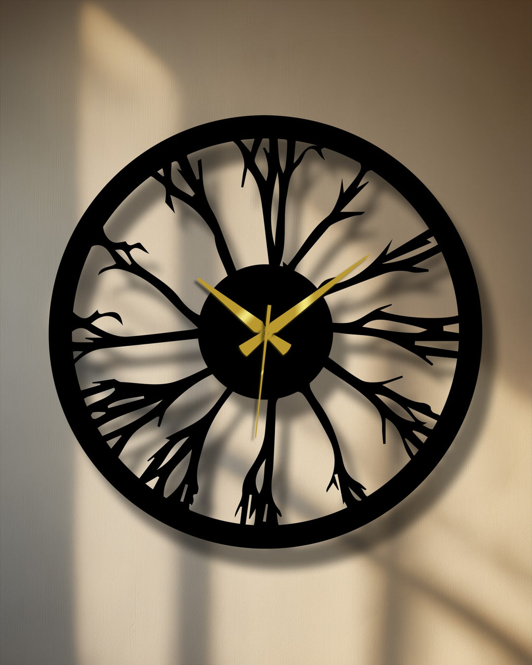 Stillness embraces the tree silhouette nature metal wall clock, a striking decoration wall art, frozen in a quiet moment under the soft, subtle light.
