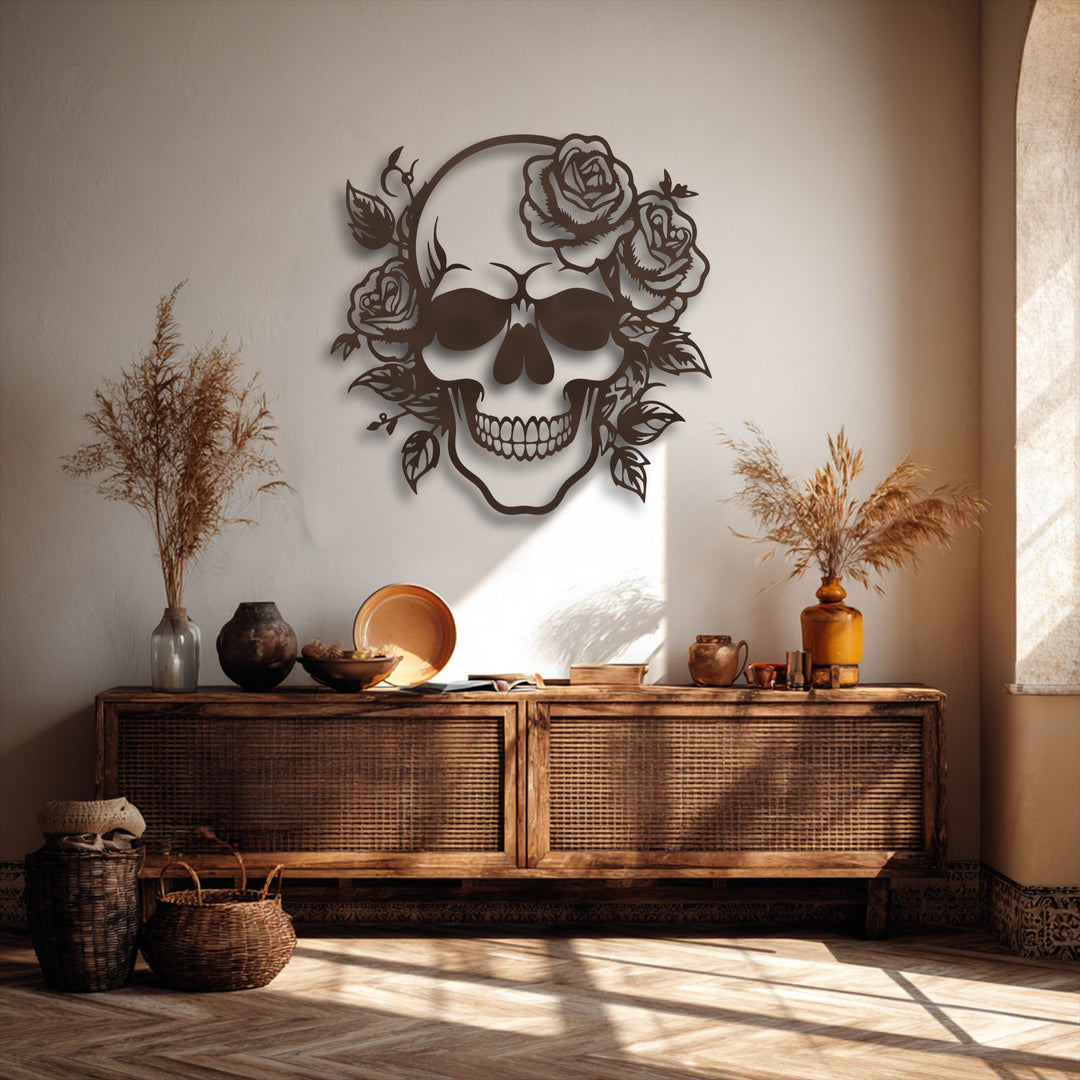 The brightest area, a sunlit section of the wall, highlights the intricate floral skull metal art for wall, showcasing its gothic rose decor.